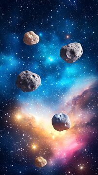 Colorful Asteroids Floating in Vast Space Background Astronomy Celestial Detailed Dreamy