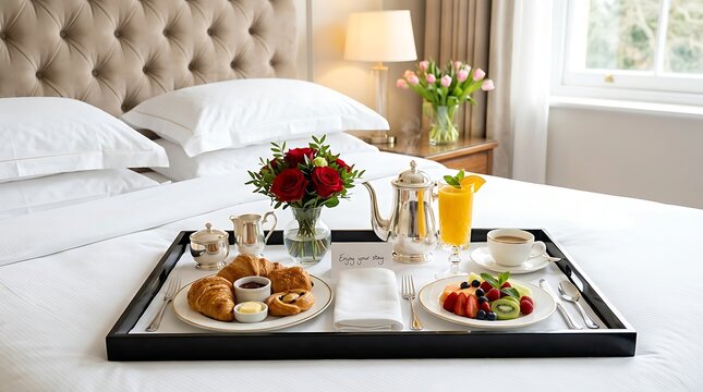 Luxury breakfast on bed in hotel room with croissants coffee fruit and roses for travel website or lifestyle banner.