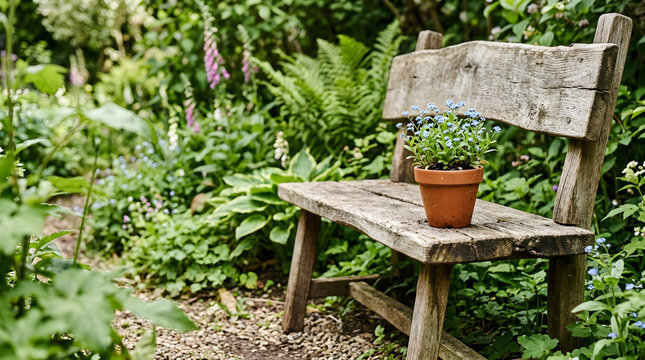 Potted blue forget me not flowers on a rustic wooden bench in a lush green garden. Spring floral gardening and outdoor decoration