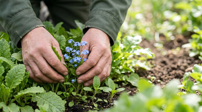 Close up of hands holding tiny blue forget-me-not flowers. Gardener caring for seedlings in dark soil. Spring gardening and plant cultivation concept