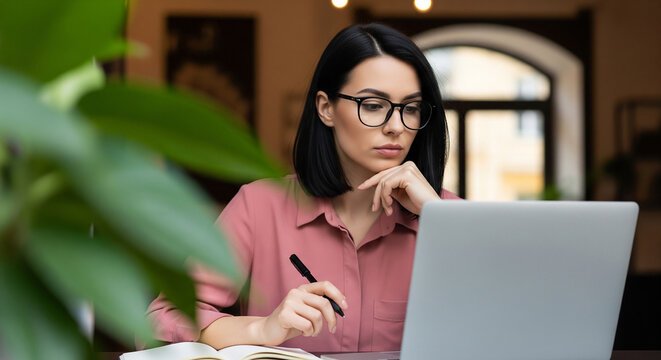 Professional young businesswoman working on laptop at the office desk perfect for a modern corporate career concept
