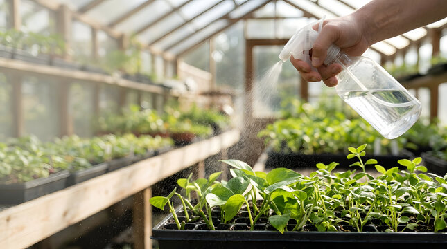 Hand spraying water on young seedlings in a tray. Misting rooted cuttings with a plastic spray bottle inside a sunny greenhouse. Vegetable garden propagation