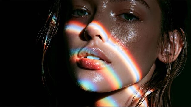 Close-up beauty portrait of a young woman as moving rainbow light reflections illuminate her face, creating a vibrant artistic fashion scene with colorful cinematic lighting