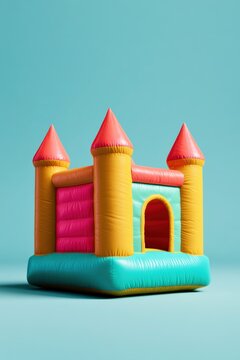 Inflatable castle with colorful panels on baby blue seamless background
