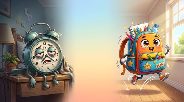 Cute cartoon concept comparing early morning tiredness and school excitement, featuring an exhausted alarm clock on a nightstand opposite a happy running backpack with central copy space.