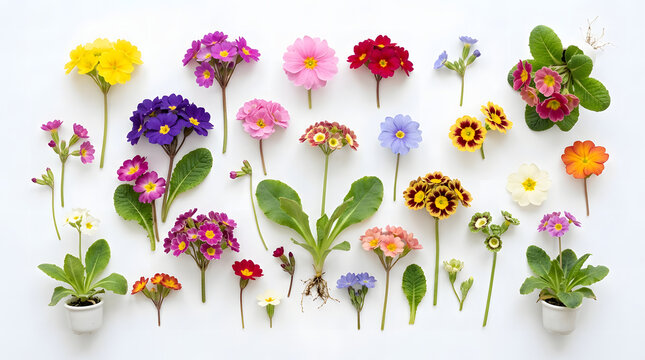 Exquisite assortment of colorful spring primrose blossoms and small potted plants, neatly arranged on a pristine white surface, highlighting floral diversity and vibrant hues