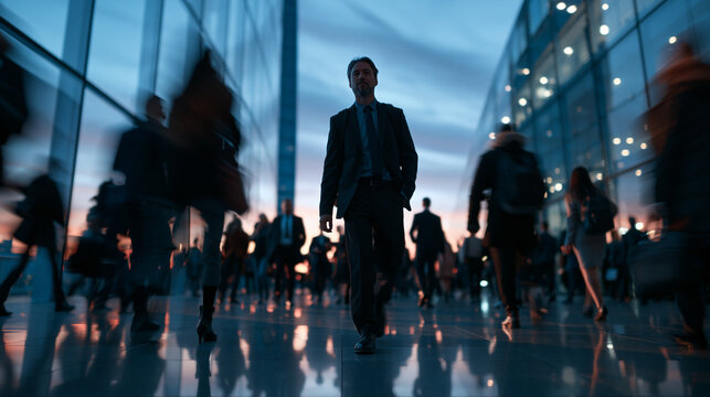 Businessman Walking Forward Through Motion Blurred Urban Crowd