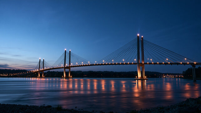 Illuminated Cable Stayed Bridge Over River at Twilight