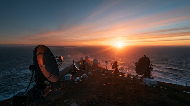 Satellite Communication Dishes on Coastal Cliff at Sunset