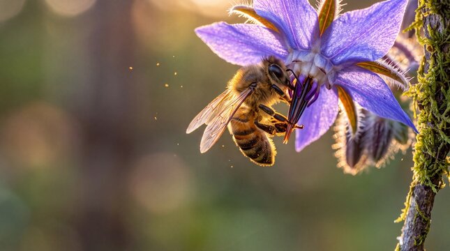 Honeybee Pollinating Purple Borage Flower in Golden Sunlight