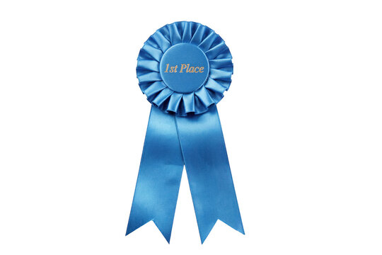 A blue rosette ribbon with the text 1st place printed in gold, featuring pleated fabric and two hanging tails isolated on black background