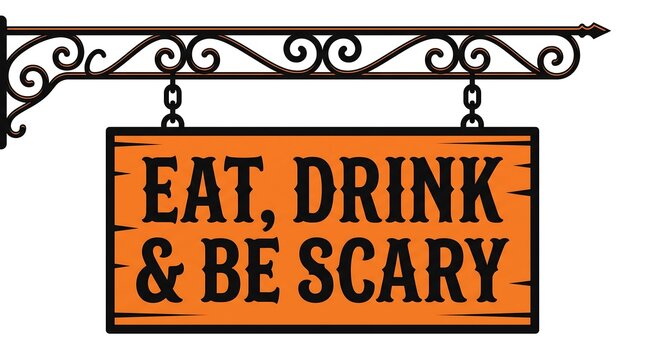 Hanging wooden sign with eat drink and be scary text