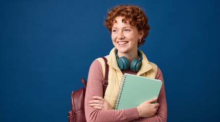 Obraz premium Happy redheaded female student wearing a yellow vest and backpack holding a green notebook against a solid blue studio background