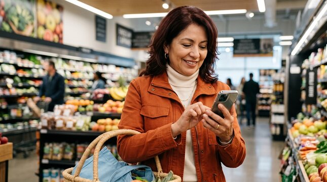 Mature woman smiling while checking her mobile phone for grocery shopping list inside a brightly lit local modern organic supermarket
