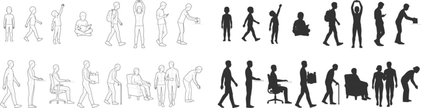 Set of People Poses Outlines and Silhouettes Representing Human Figures in Various Daily Life Activities
