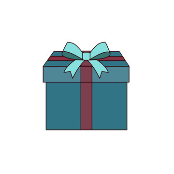 Gift box with a cyan bow and purple ribbon sits isolated on a plain white background.