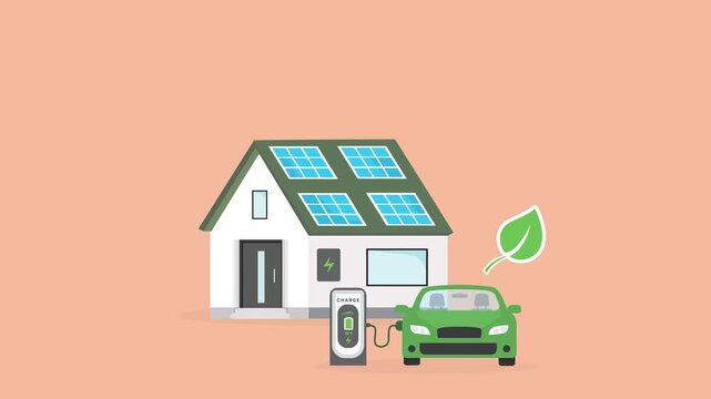 Green House with Solar Panels and Electric Vehicle Charging &ndash; Renewable Energy and Savings Concept	