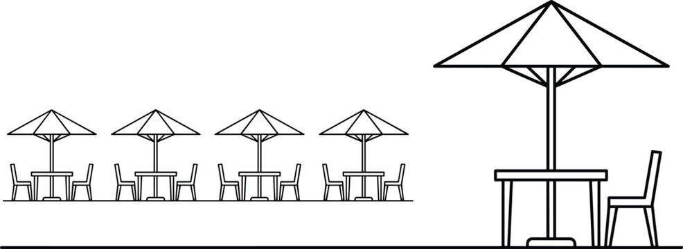 Outdoor cafe table and umbrella line vector icons set isolated on white background for street restaurant terrace design