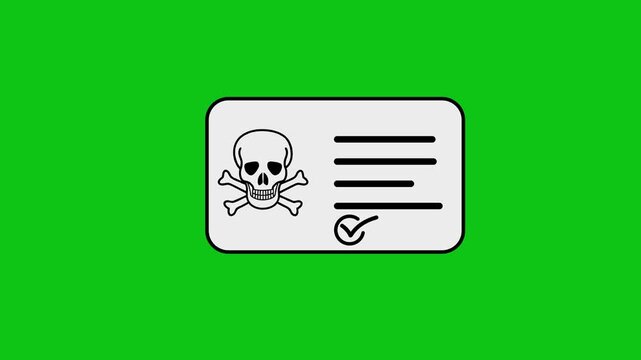Animated skull and crossbones warning sign with checkmark on a blank white card over green background.