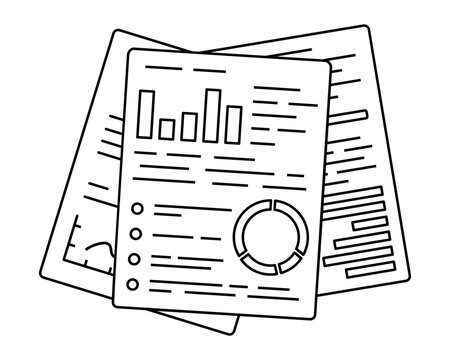 Hand drawn outline illustration of business growth strategy documents. Flat vector papers with financial report and charts line art sticker doodle. Company statistics file icon. Isolated.