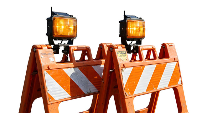Sunlit amber safety lights mounted on textured barricades with reflective tape isolated on white background