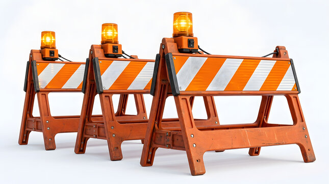 Sunlit amber safety lights mounted on textured barricades with reflective tape isolated on white background
