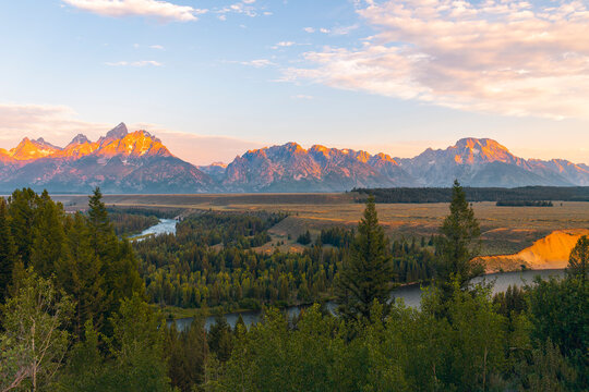 Snake River Overlook and Grand Teton Range at summer sunrise. Grand Teton National Park. Wyoming