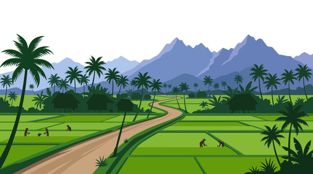Lush Tropical Landscape with Rice Paddies, Palm Trees, and Distant Mountains