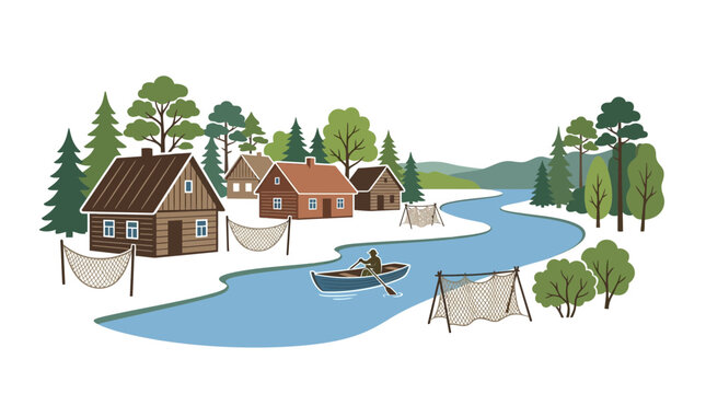 A peaceful fishing village scene with a person rowing a boat on the river.