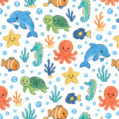 Naklejka premium Seamless Ocean Pattern with Cute Crayon Style Dolphin, Turtle, Octopus and Seahorse
