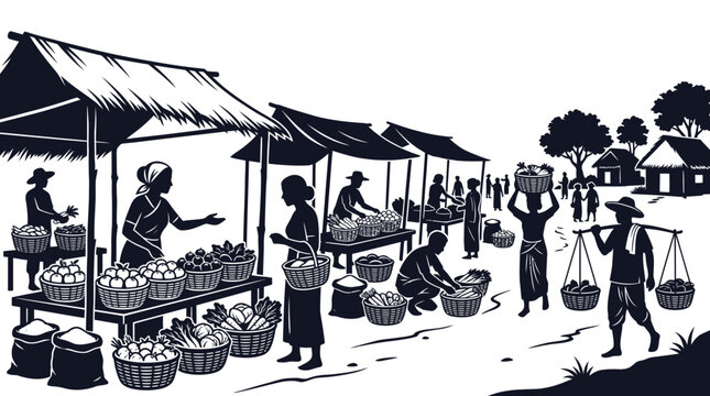 Traditional Outdoor Market Scene with Vendors and Fresh Produce