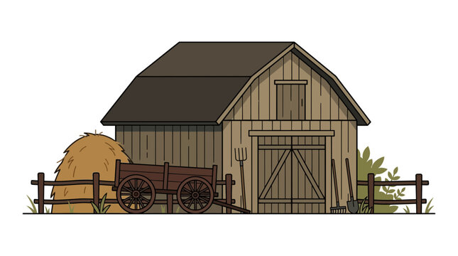 Rustic Barn with Farm Equipment in a Rural Setting Illustration