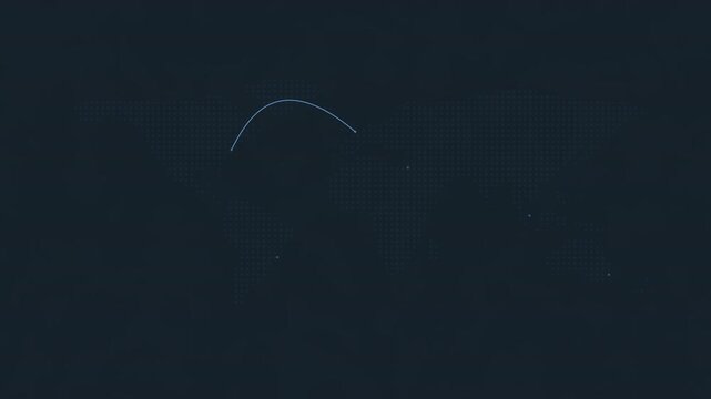 Glowing dot matrix world map with relay arcs over navy seamless loop