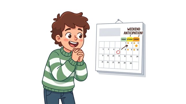 Joyful boy wears a green striped sweater while looking at a wall calendar with excitement to celebrate the upcoming weekend and happy free days ahead