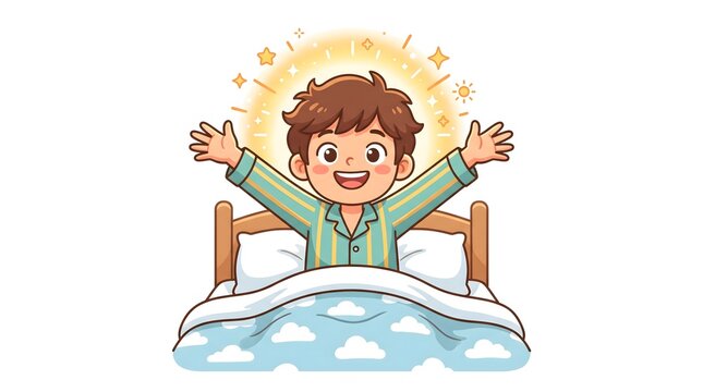 Happy little boy wearing striped pajamas stretches arms wide after waking up in his cozy bed under glowing magical morning sunshine in this cute illustration