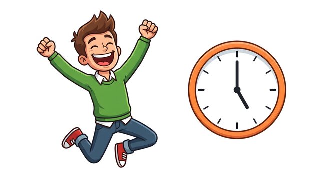 Excited young man in green sweater jumping with joy next to a large orange round wall clock depicted in a colorful vibrant flat vector style