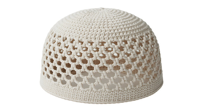 Off-white woven crochet skull cap featuring intricate lattice patterns and detailed needlework craftsmanship designed for traditional Islamic headwear styles presented against a clean white background
