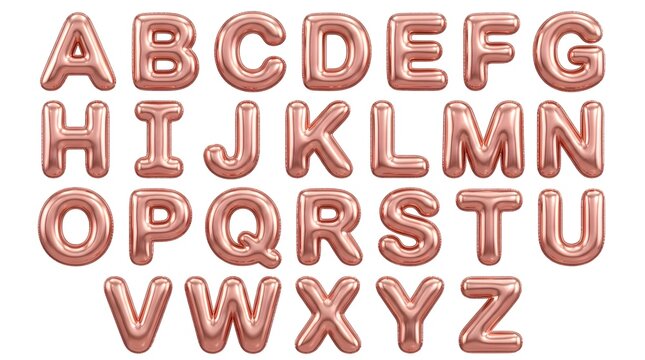 Rose gold metallic inflatable balloon alphabet letters featuring shiny reflective surfaces and inflated rounded typography style isolated on a plain white background for festive party decorations