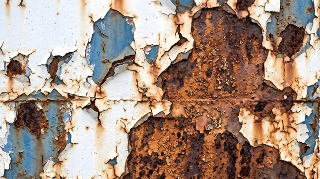 Weathered metal surface features peeling white paint revealing deep orange rust layers creating a textured industrial abstract pattern under natural lighting in this macro photograph.
