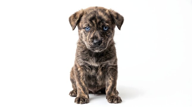 Adorable brindle puppy with bright blue eyes sits patiently looking forward while displaying soft fur texture and a cute expression in this detailed studio portrait