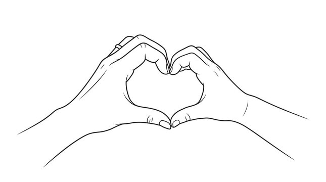 Intricate black and white line art illustration showing two human hands forming a delicate heart shape, artistic gesture expressing love, kindness, affection, and positive emotions