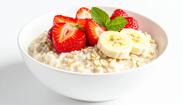 Bowl of oatmeal topped with fresh strawberries and banana slices, white background. AI