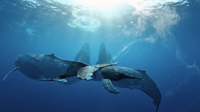 Una ballena jorobada y su cr&iacute;a nadando juntas en las profundidades de un oc&eacute;ano azul cristalino iluminado por rayos de sol.