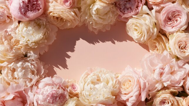 Pastel floral layout featuring peonies and roses for romantic invitations and special occasion cards