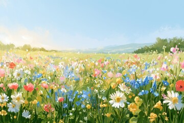 Obraz premium Pastel spring meadow landscape in a painterly digital painting style