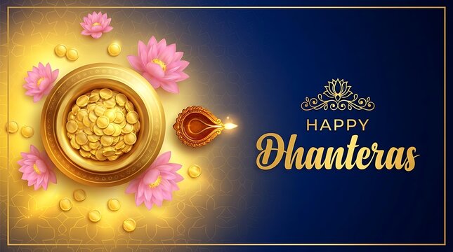 Happy dhanteras greeting card with gold coins, lotus flowers and diya lamp