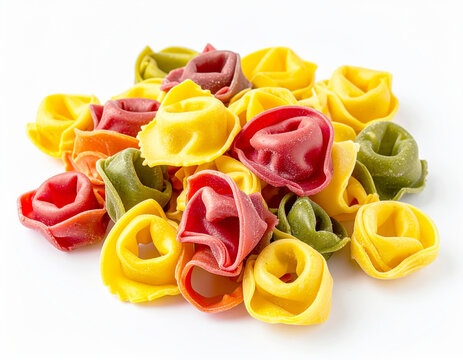 Fresh tortellini tri-colored pasta, white backdrop. AI