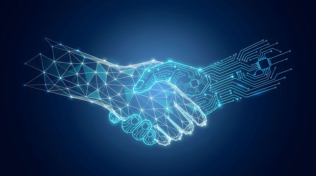 Digital handshake between polygonal human hand and circuit board AI
