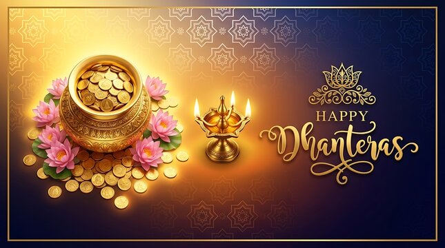 Happy dhanteras greeting with golden coins pot and traditional diya lamp
