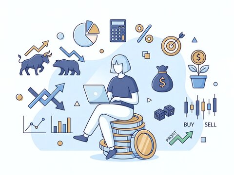 Financial investment concept with woman trader on coins. Stock market analysis and trading icons. Crypto and finance flat illustration. 4K